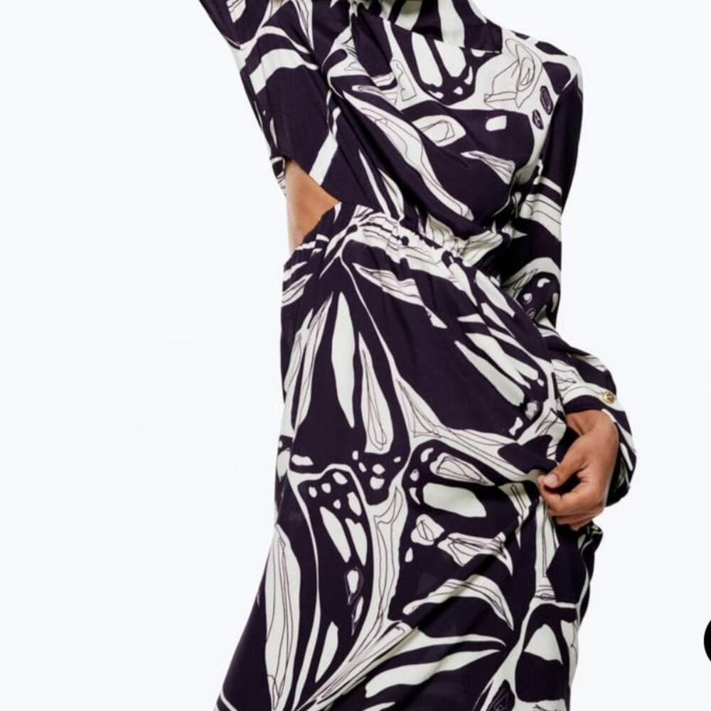 ZARA Printed Cut-out Long Sleeve Midi Dress Butterfly Print Purple XS - Picture 3 of 10